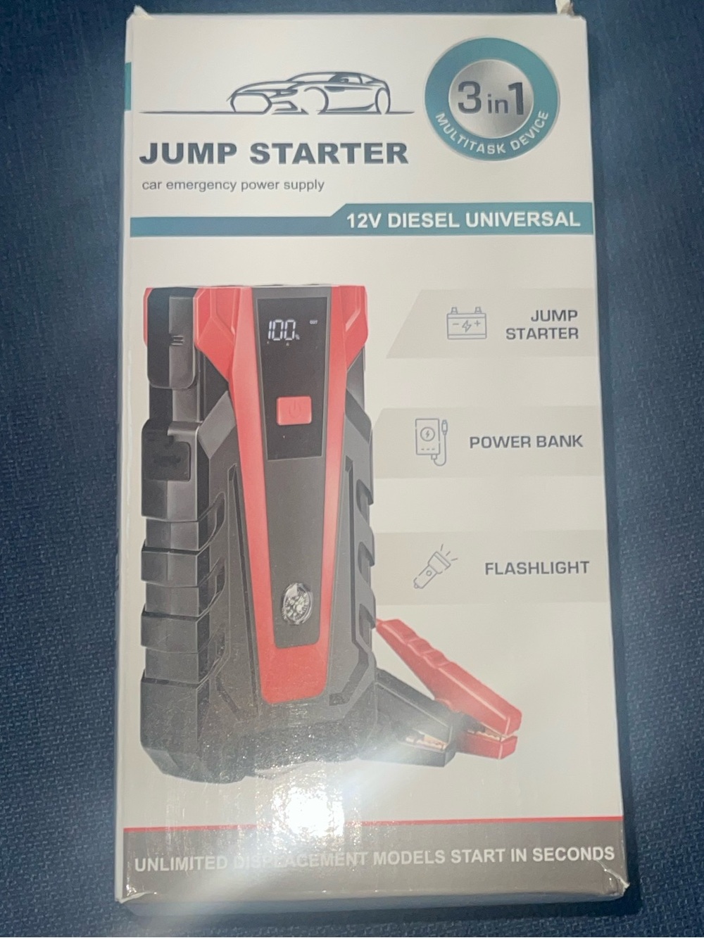 Jump Starter 3-in-1 Portable Power Bank and Flashlight - Red